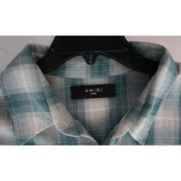 AMIRI Men's Sz L Green/Purple Distressed Ombré Plaid Button-Down L/S Shirt - Picture 3 of 16